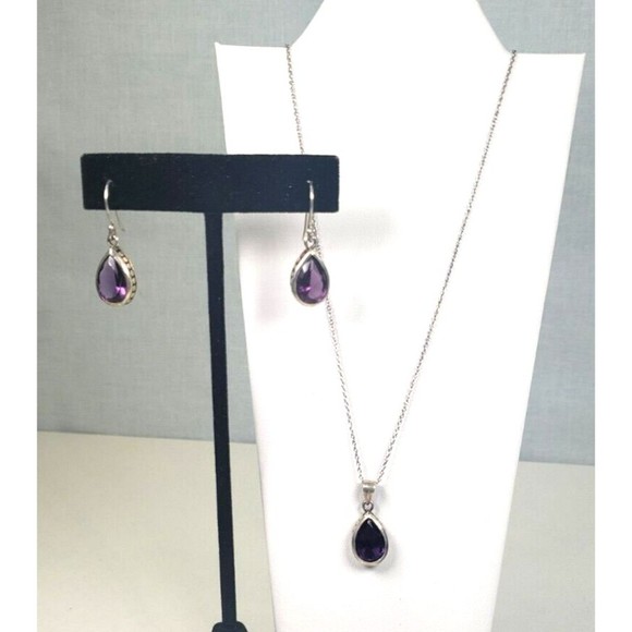 Vintage Sterling Silver 925 Amythist Teardrop Pendant Matching Earrings with 18" - Picture 1 of 12